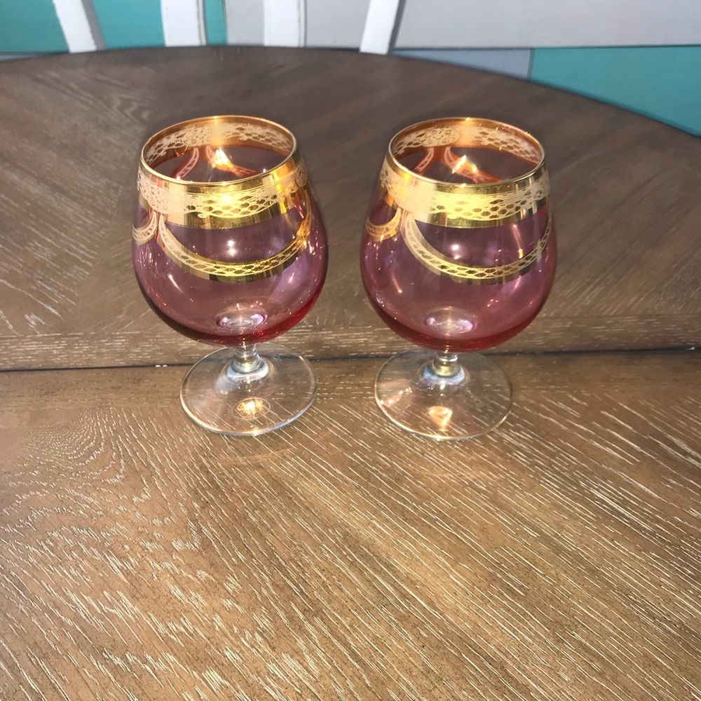 Cristal Mode 6” Iridescent Brandy/wine Glasses Gold Trim Italian Glass 2ea